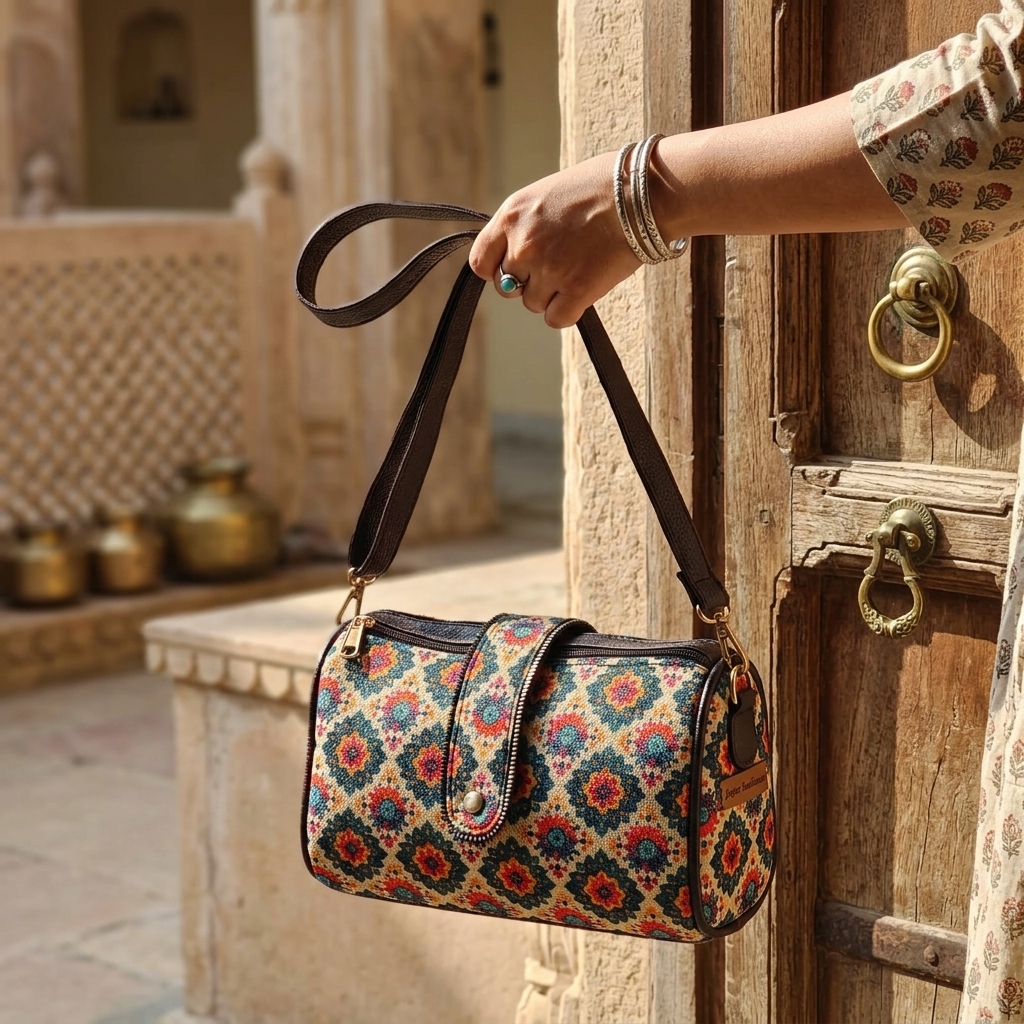 Jaipur Geometric Tapestry Double-Pocket Sling Bag — view 5