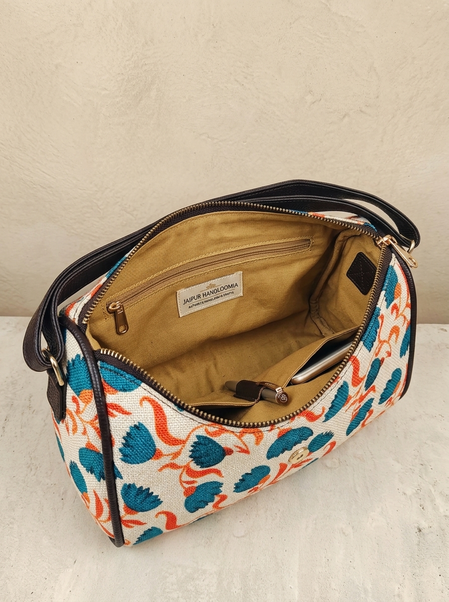 Jaipur Teal & Orange Floral Cylindrical Bag — view 3