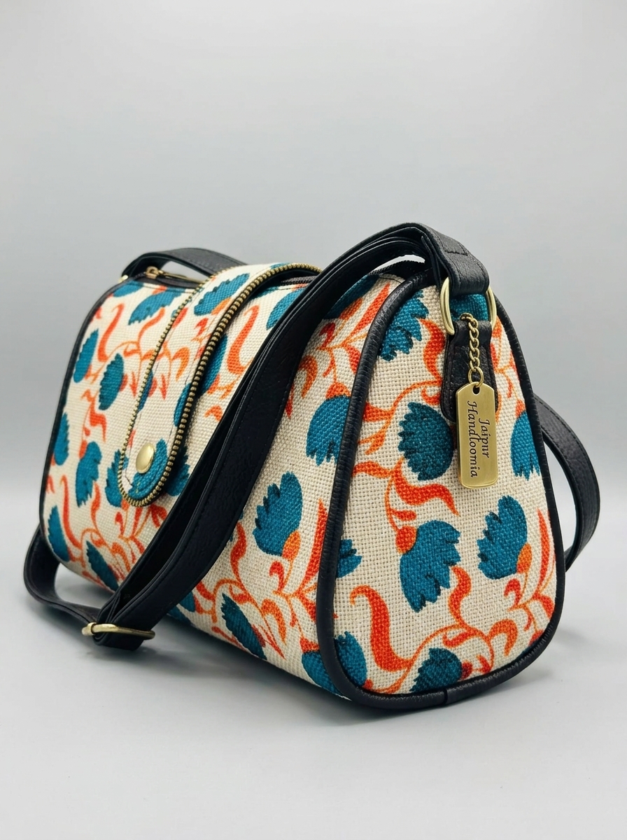 Jaipur Teal & Orange Floral Cylindrical Bag — view 2
