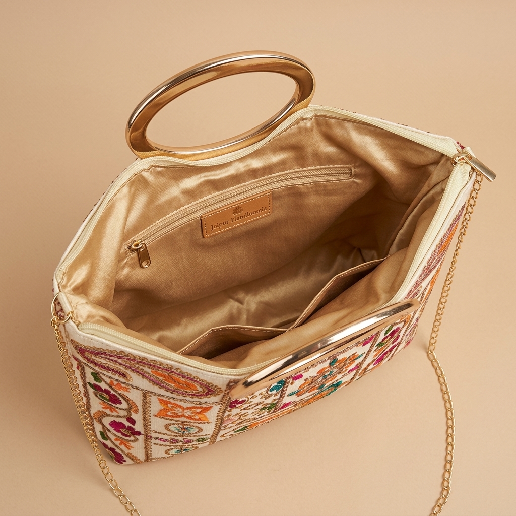 Cream Floral Embroidered Bag with Metallic Handle and Sling Chain — view 4