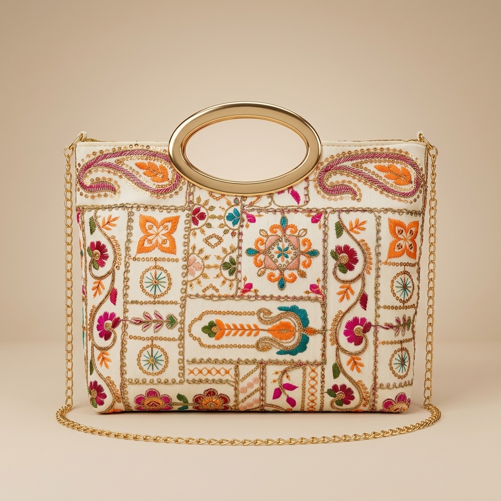 Cream Floral Embroidered Bag with Metallic Handle and Sling Chain