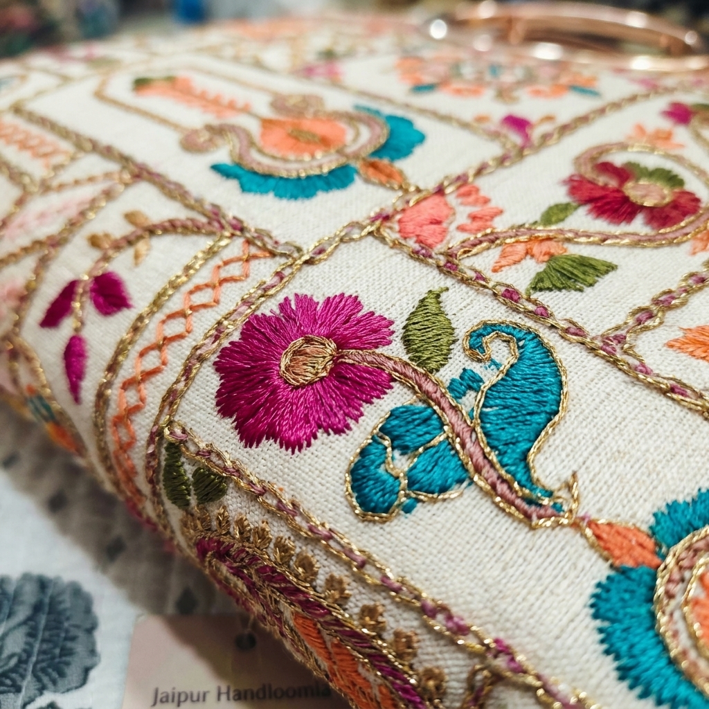 Cream Floral Embroidered Bag with Metallic Handle and Sling Chain — view 5