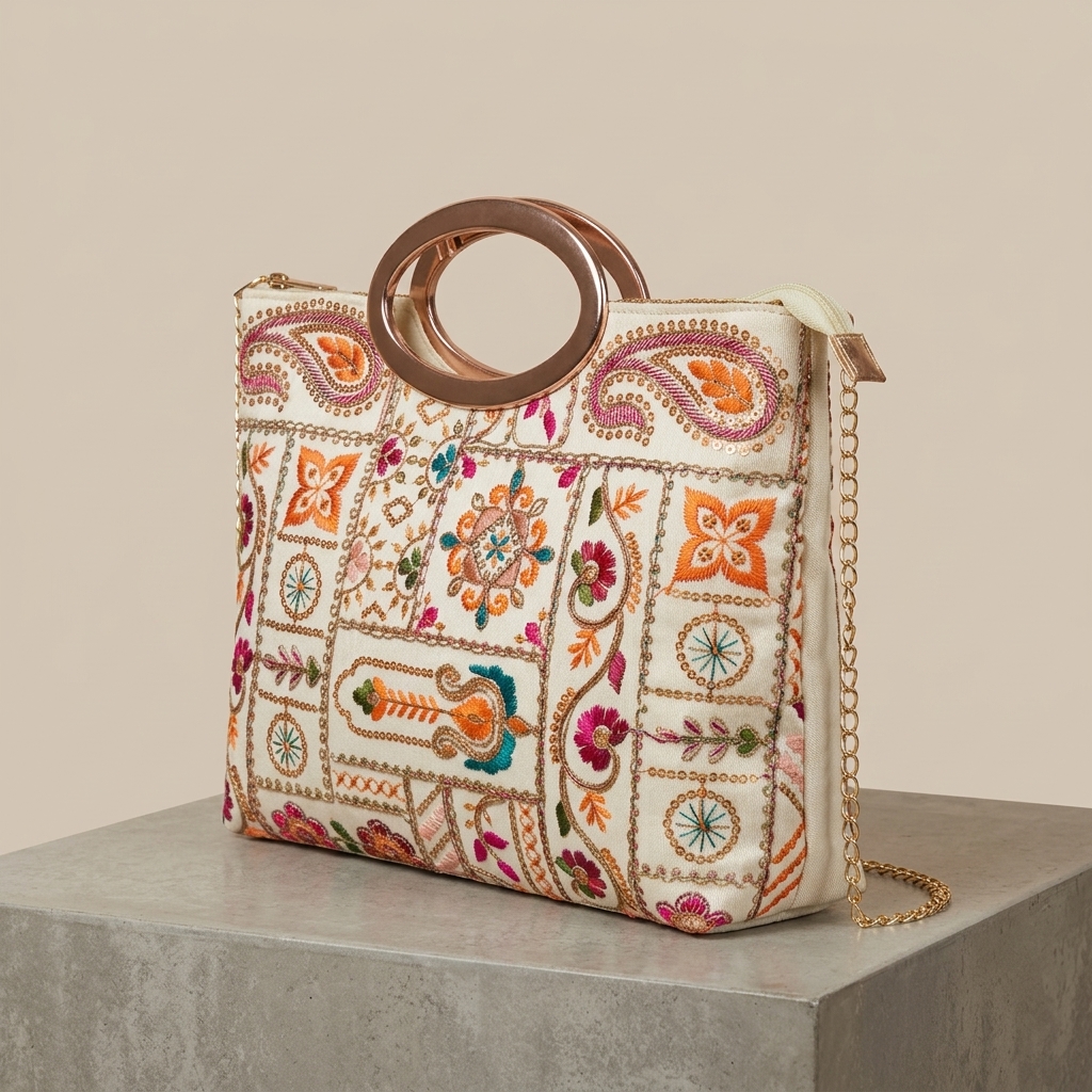 Cream Floral Embroidered Bag with Metallic Handle and Sling Chain — view 2