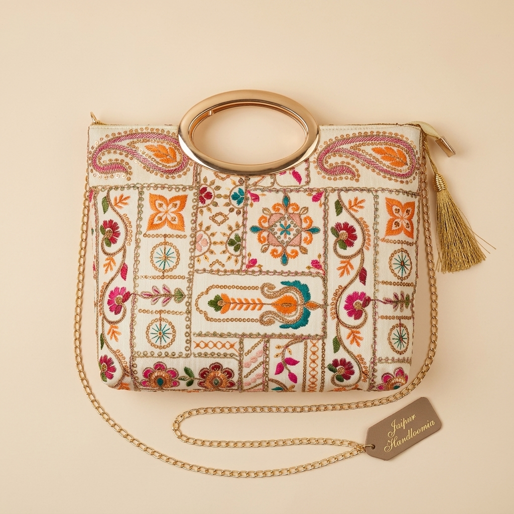 Cream Floral Embroidered Bag with Metallic Handle and Sling Chain — view 3