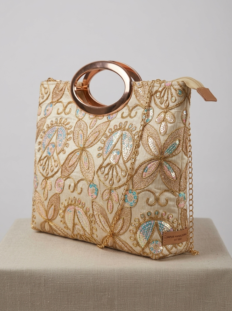 Cream Abstract Embroidered Bag with Metallic Handle and Sling Chain