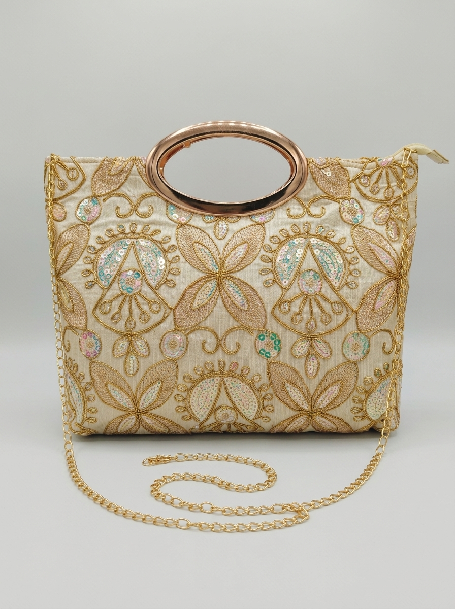 Cream Abstract Embroidered Bag with Metallic Handle and Sling Chain — view 2