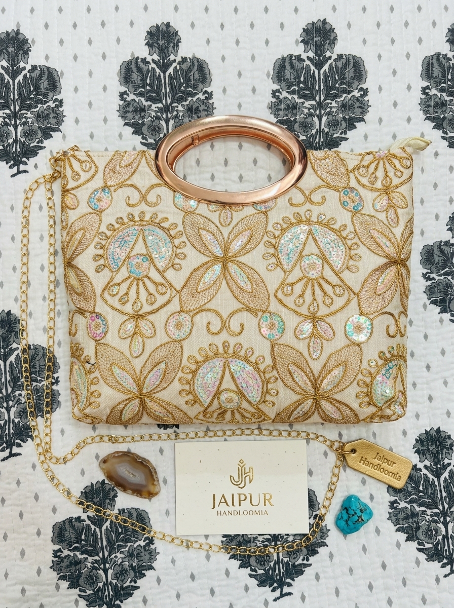 Cream Abstract Embroidered Bag with Metallic Handle and Sling Chain — view 3