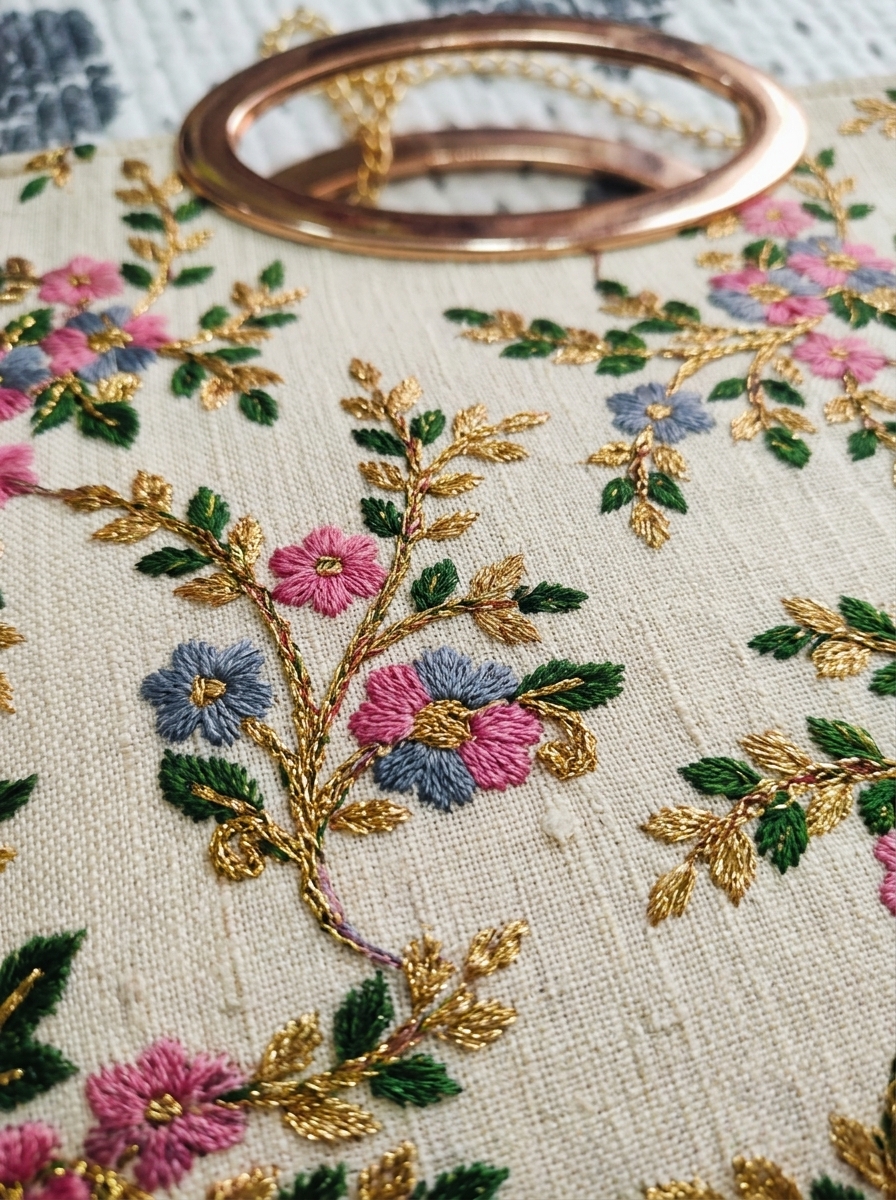 Saffron Blossom Embroidered Handbag with Metallic Handle — view 3