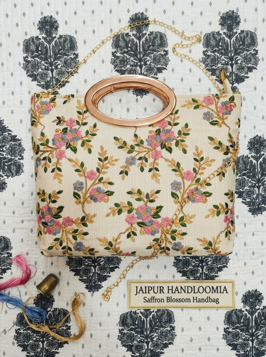 Saffron Blossom Embroidered Handbag with Metallic Handle — view 4