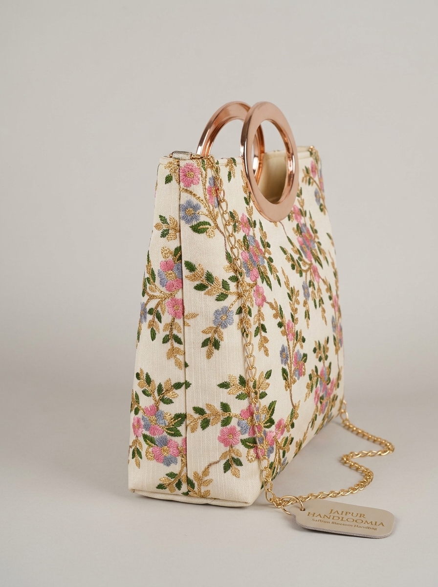 Saffron Blossom Embroidered Handbag with Metallic Handle — view 2