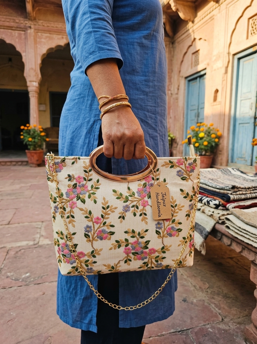 Saffron Blossom Embroidered Handbag with Metallic Handle — view 5
