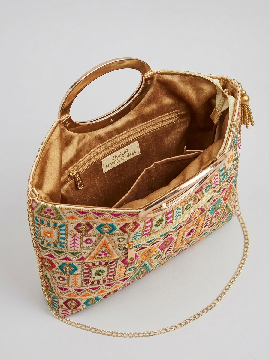 Geometric Embroidered Handbag with Metallic Handle and Sling Chain — view 4