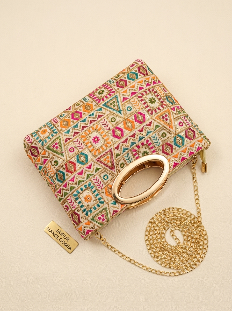 Geometric Embroidered Handbag with Metallic Handle and Sling Chain — view 2