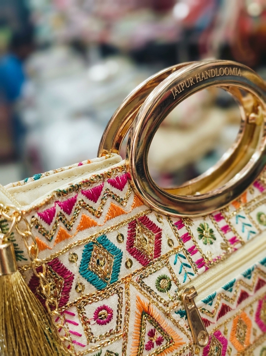 Geometric Embroidered Handbag with Metallic Handle and Sling Chain — view 5