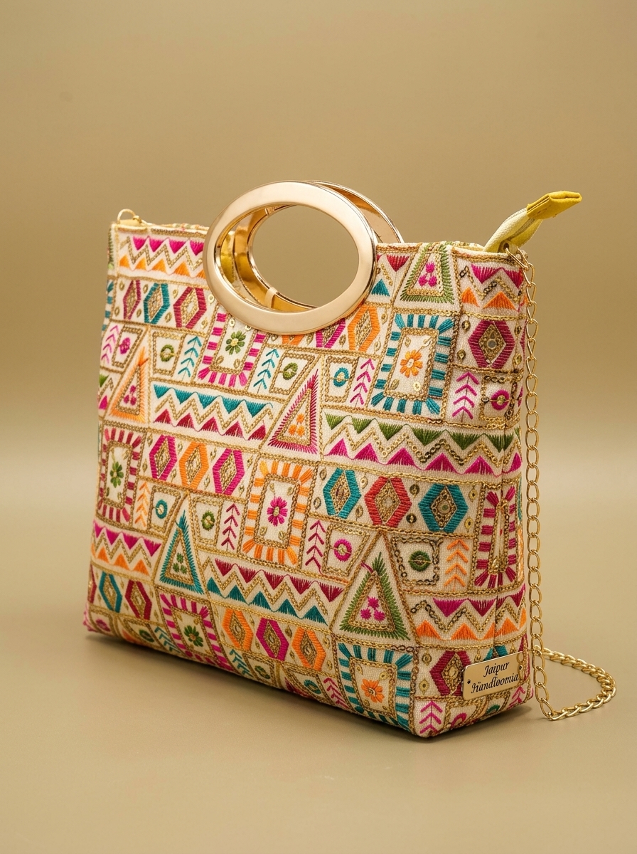 Geometric Embroidered Handbag with Metallic Handle and Sling Chain — view 3