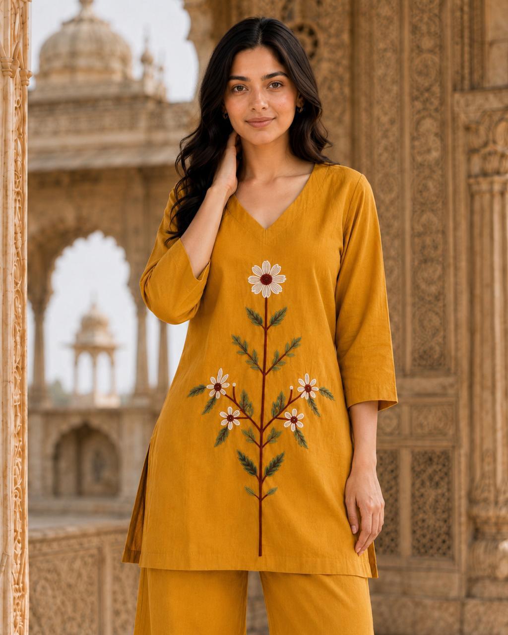 Mustard Floral Embroidery Cotton Coord Set — view 2