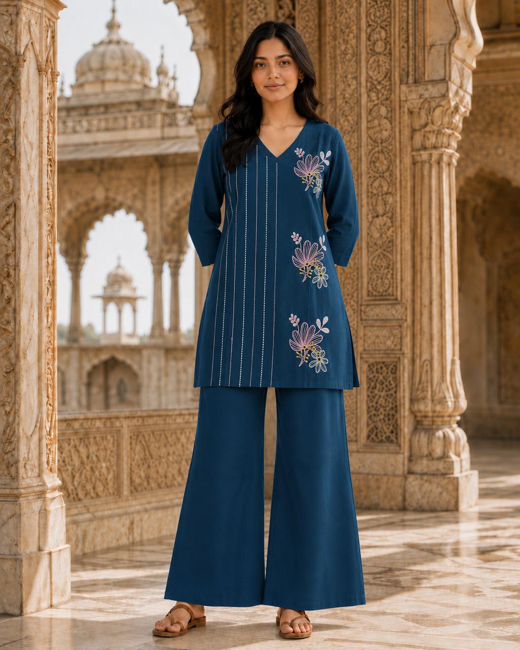 Indigo Floral Embroidery Cotton Coord Set