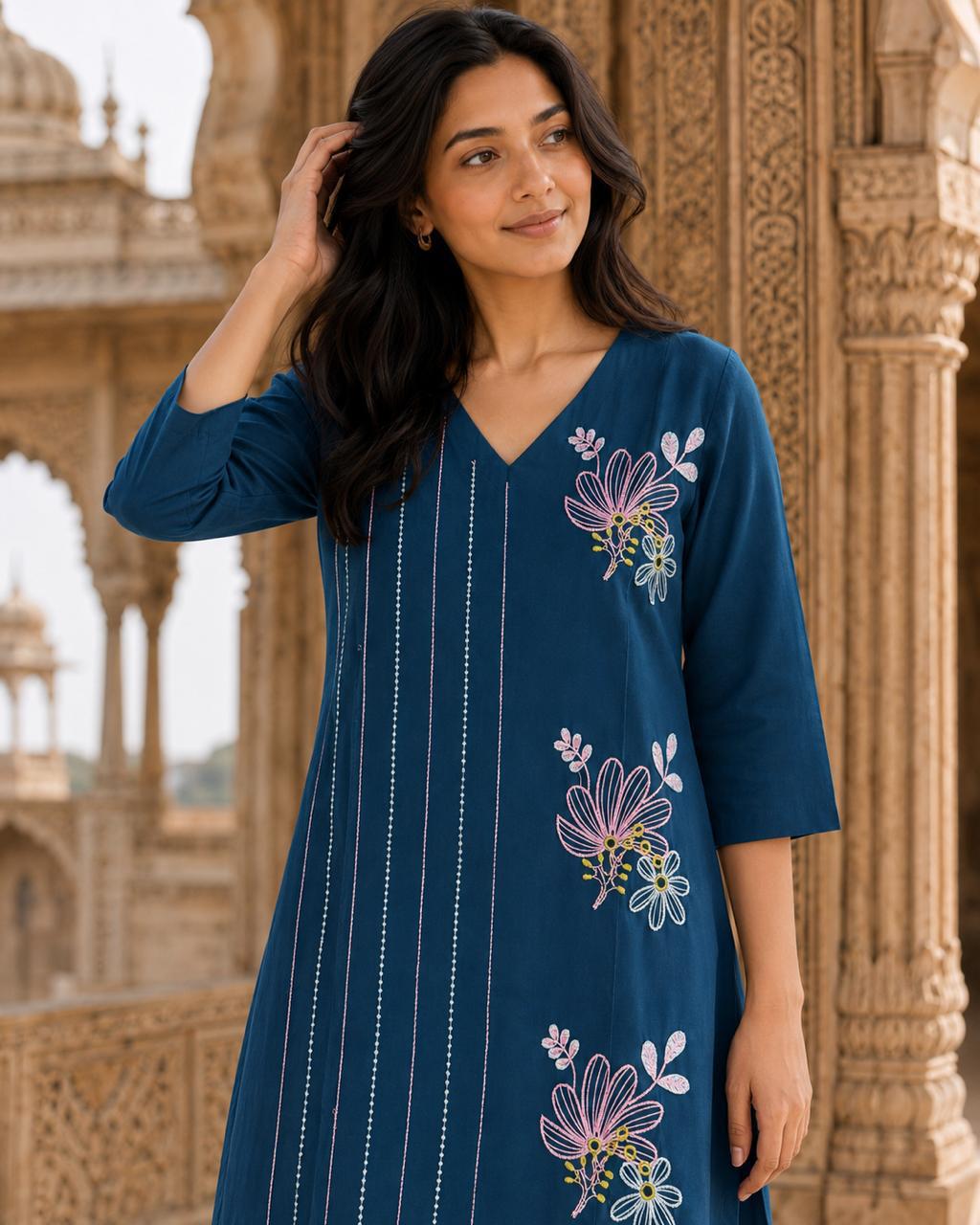 Indigo Floral Embroidery Cotton Coord Set — view 2