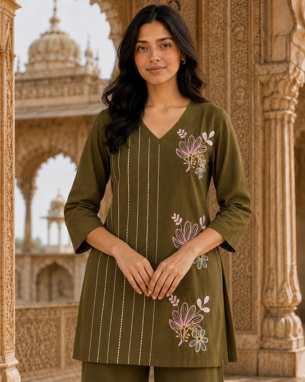 Olive Green Floral Embroidery Cotton Coord Set — view 2