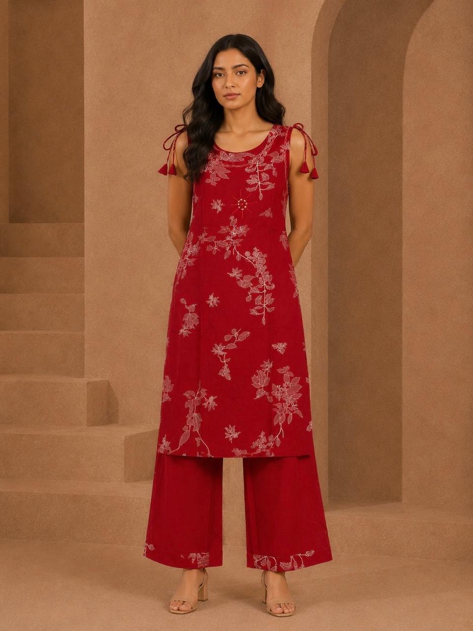 Red Floral Discharge Print Co-ord Set