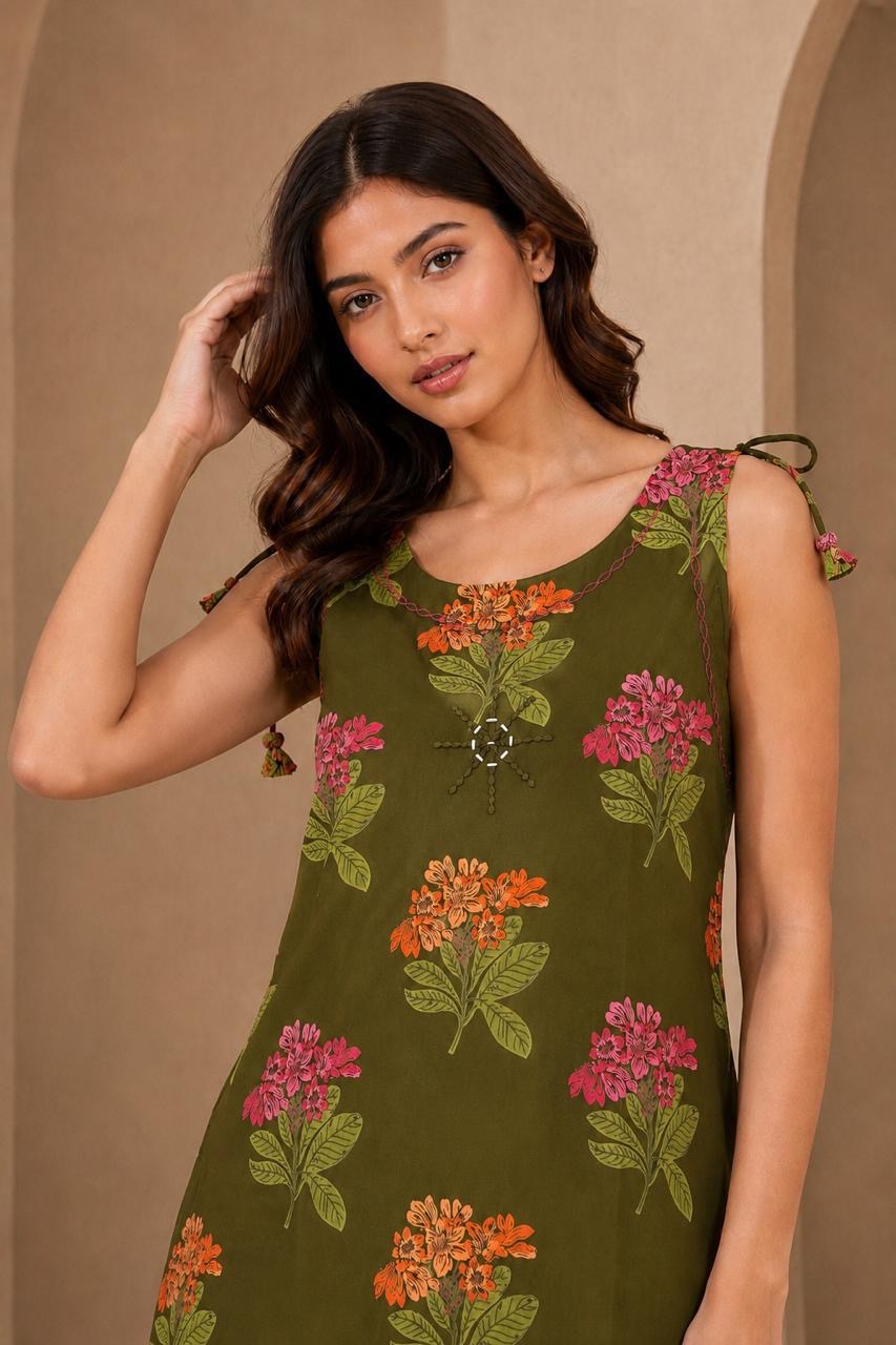 Olive Green Floral Discharge Print Co-ord Set