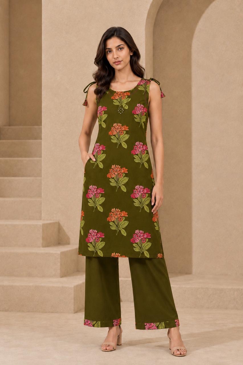 Olive Green Floral Discharge Print Co-ord Set — view 2
