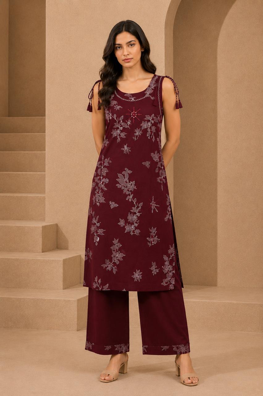Maroon Floral Discharge Print Co-ord Set (Classic) — view 2