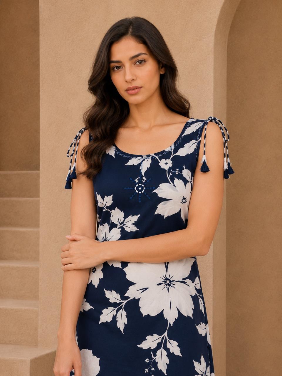 Navy Blue Floral Discharge Print Co-ord Set — view 2