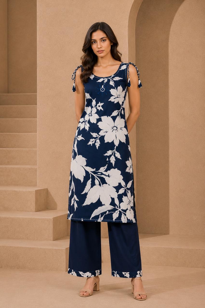 Navy Blue Floral Discharge Print Co-ord Set