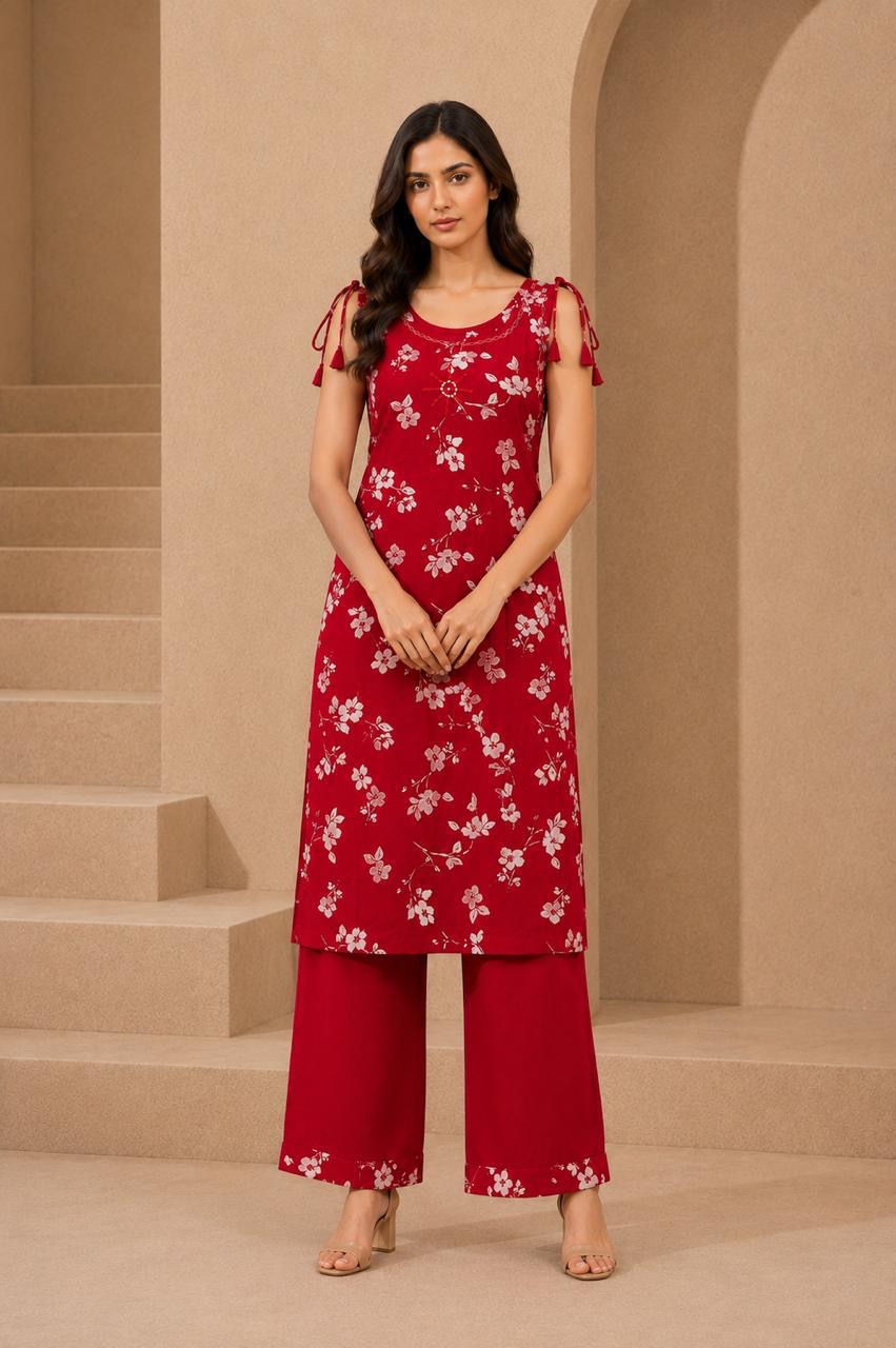 Red Floral Discharge Print Co-ord Set (Classic) — view 2