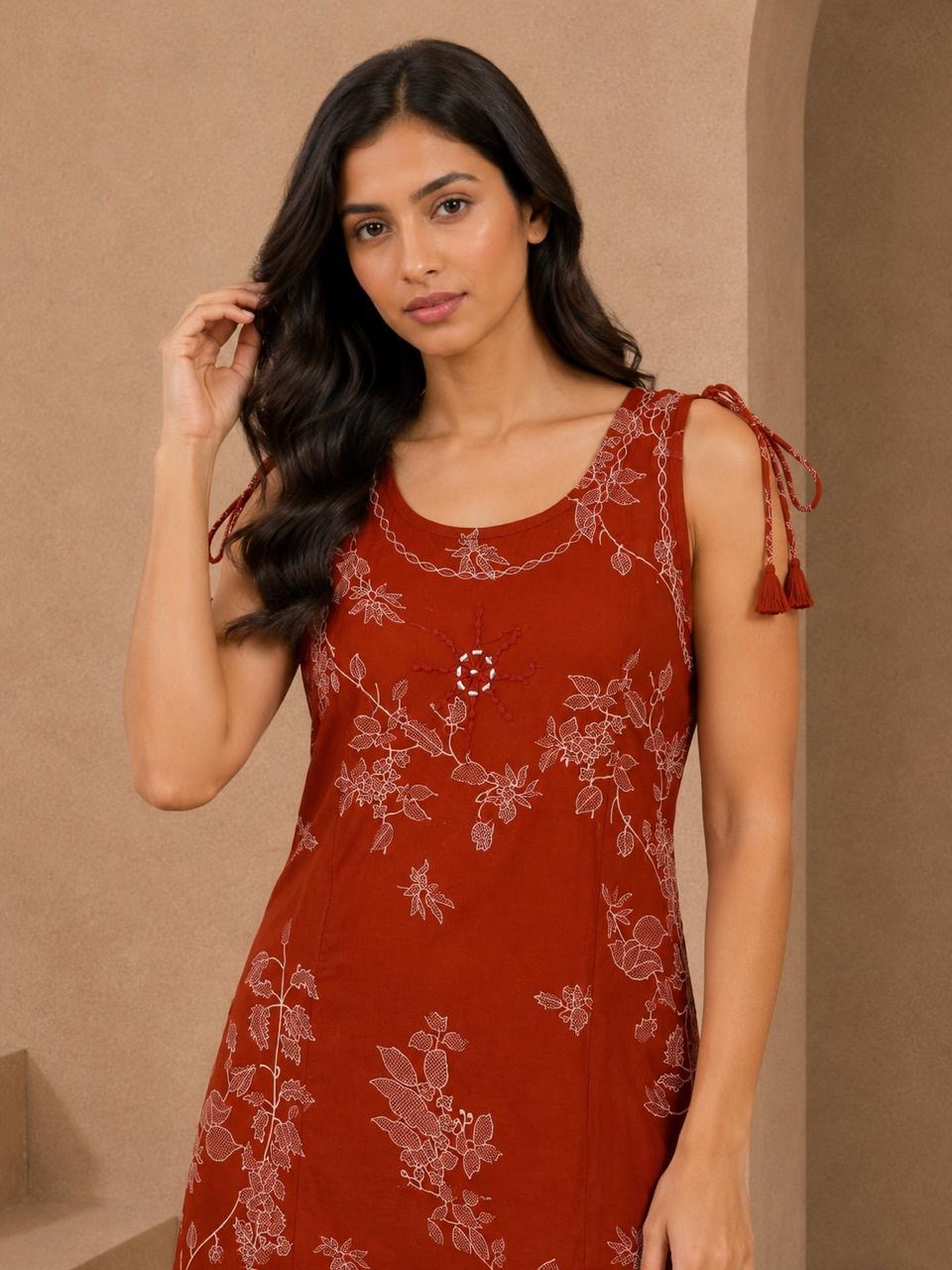 Rust Orange Floral Discharge Print Co-ord Set