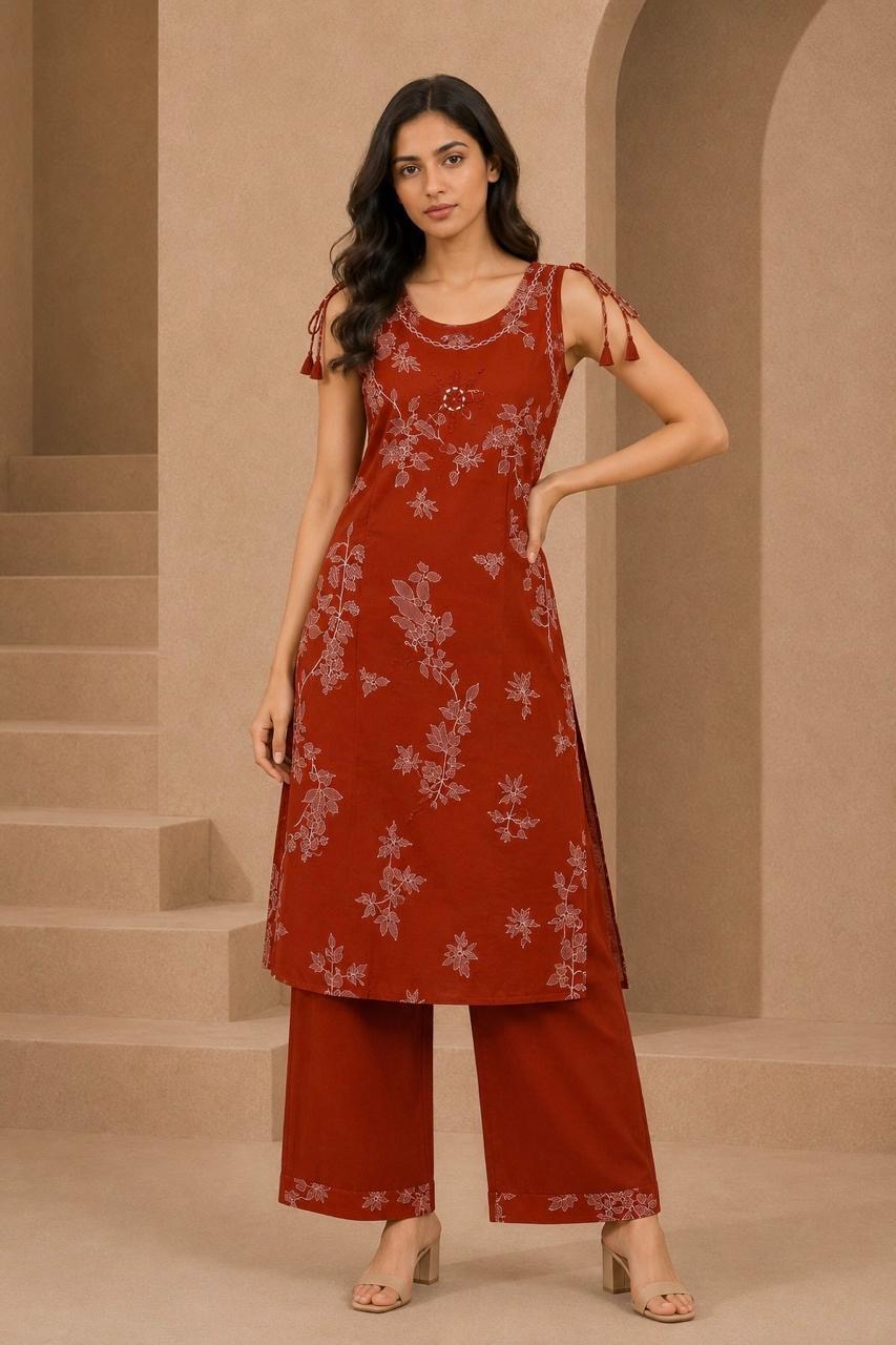 Rust Orange Floral Discharge Print Co-ord Set — view 2