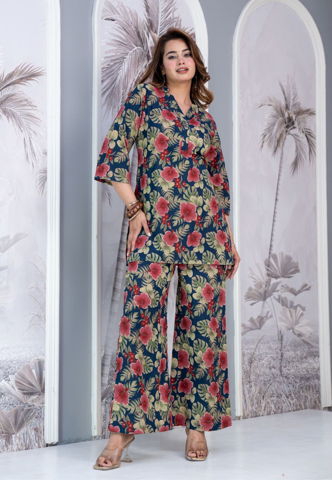 Premium Floral Cotton Co-ord Set (Teal Floral) — view 3