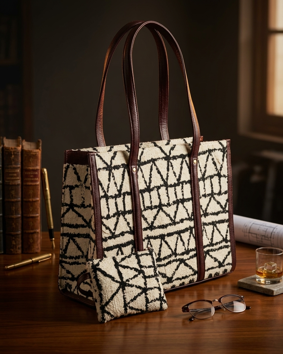 Hand Block-Printed Laptop Tote Bag with Extra Pouch