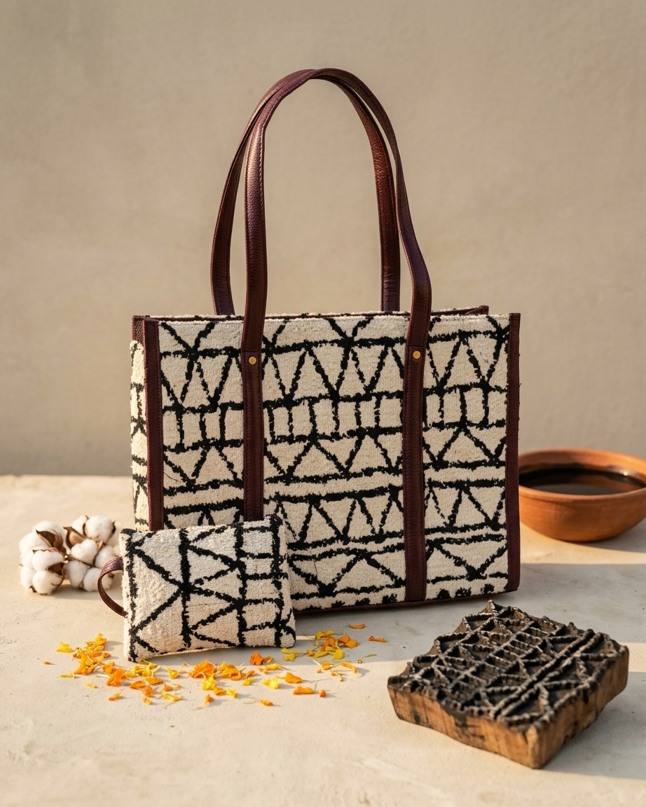Hand Block-Printed Laptop Tote Bag with Extra Pouch — view 3