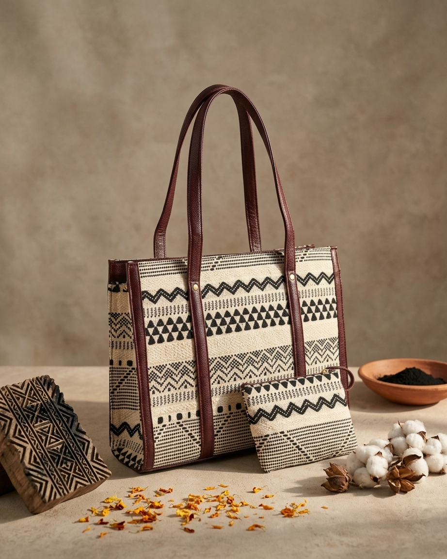Tribal Geometric Block-Print Laptop Tote Bag
