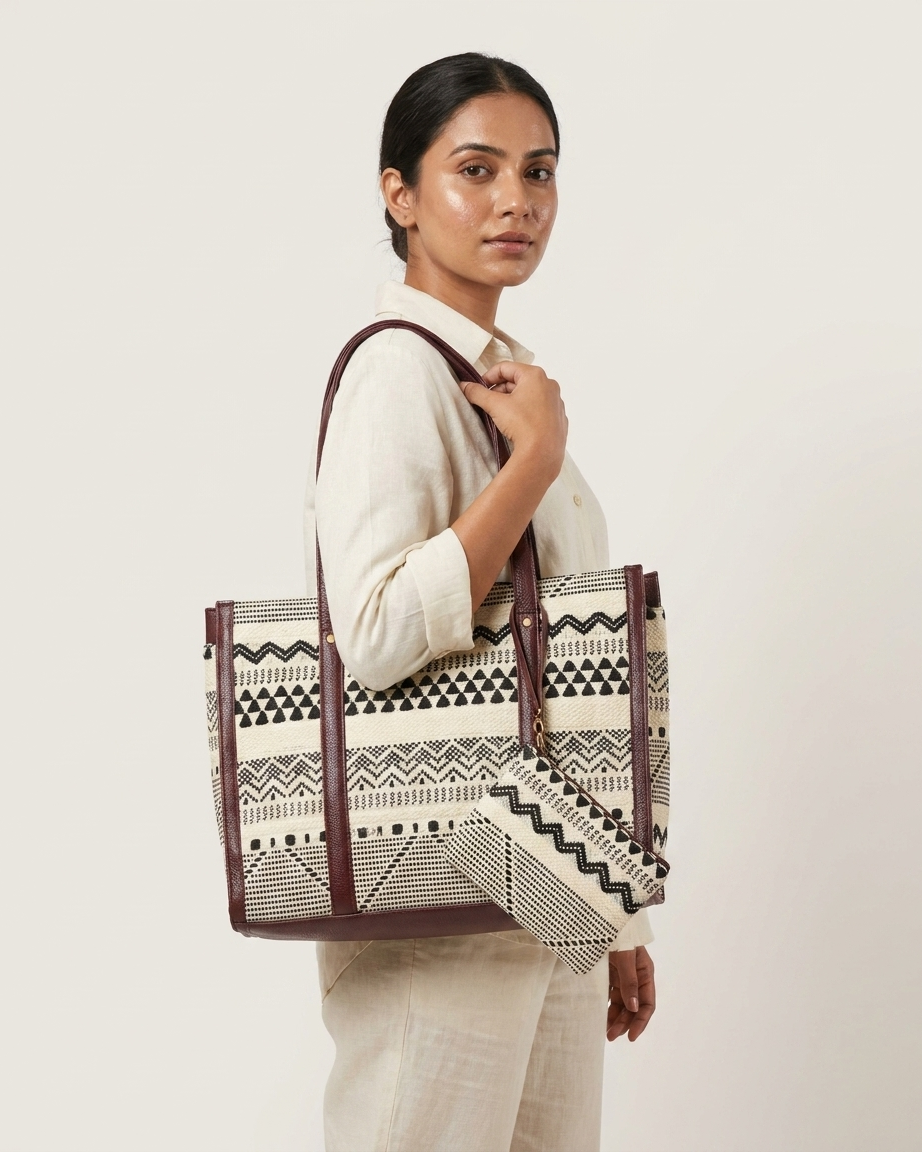 Tribal Geometric Block-Print Laptop Tote Bag — view 2