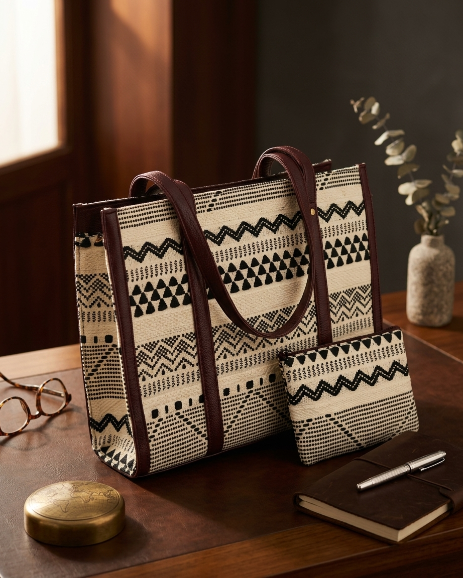 Tribal Geometric Block-Print Laptop Tote Bag — view 3