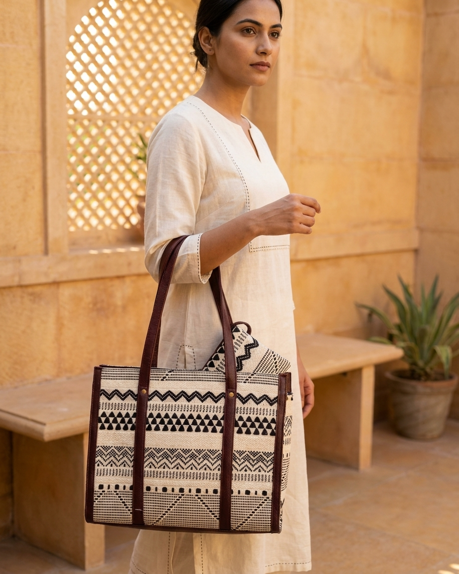 Tribal Geometric Block-Print Laptop Tote Bag — view 4