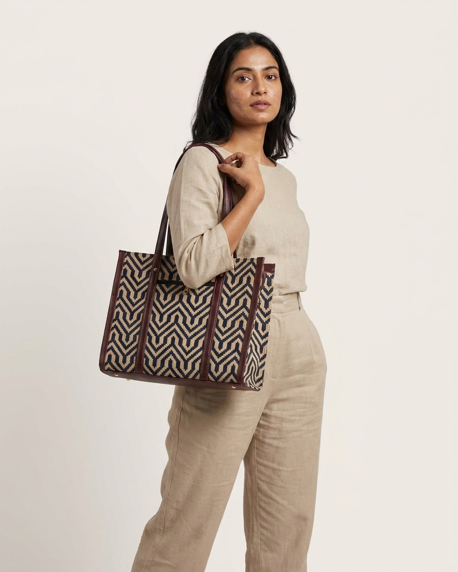 Navy Geometric Block-Print Laptop Tote Bag — view 3