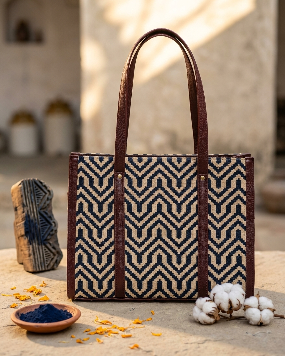 Navy Geometric Block-Print Laptop Tote Bag — view 2