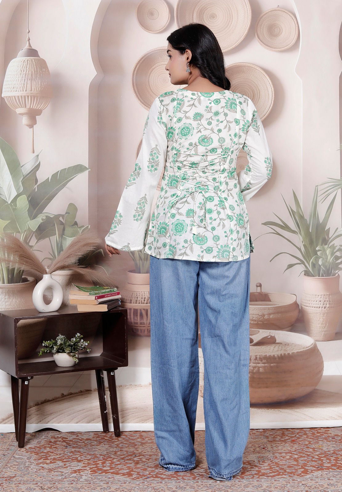 Cotton Block Print Dori Top — Blue Floral — view 2