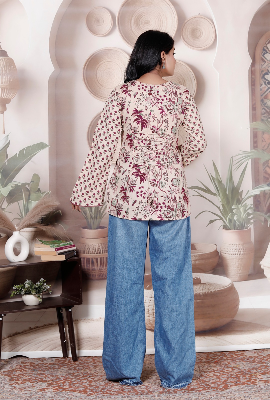 Cotton Block Print Dori Top — Maroon Floral