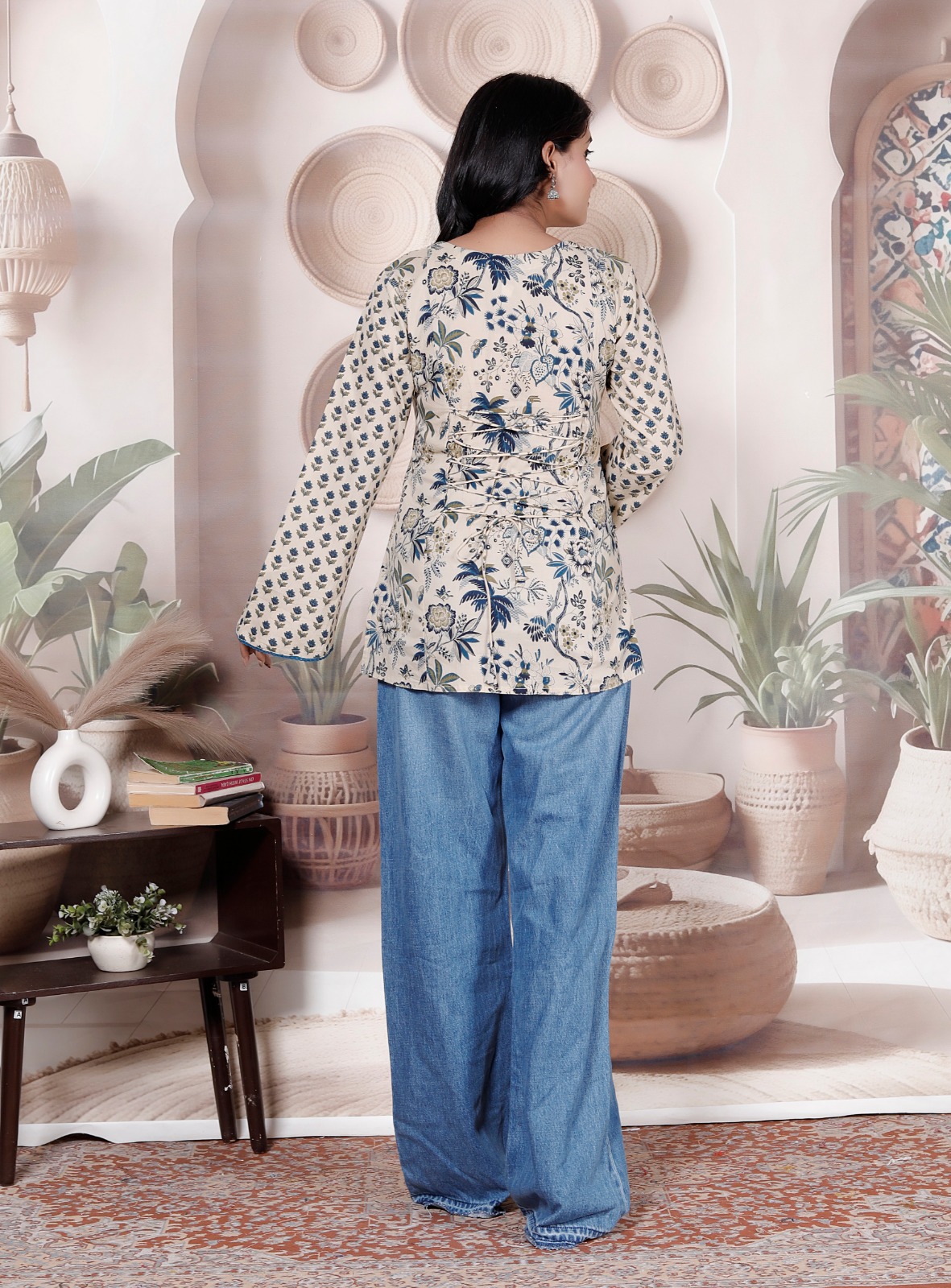 Cotton Block Print Dori Top — Blue Green Floral — view 2