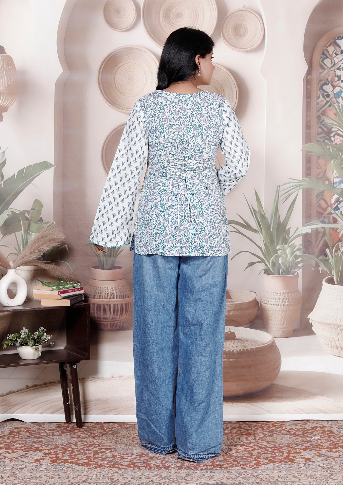 Cotton Block Print Dori Top — Teal Buti — view 2