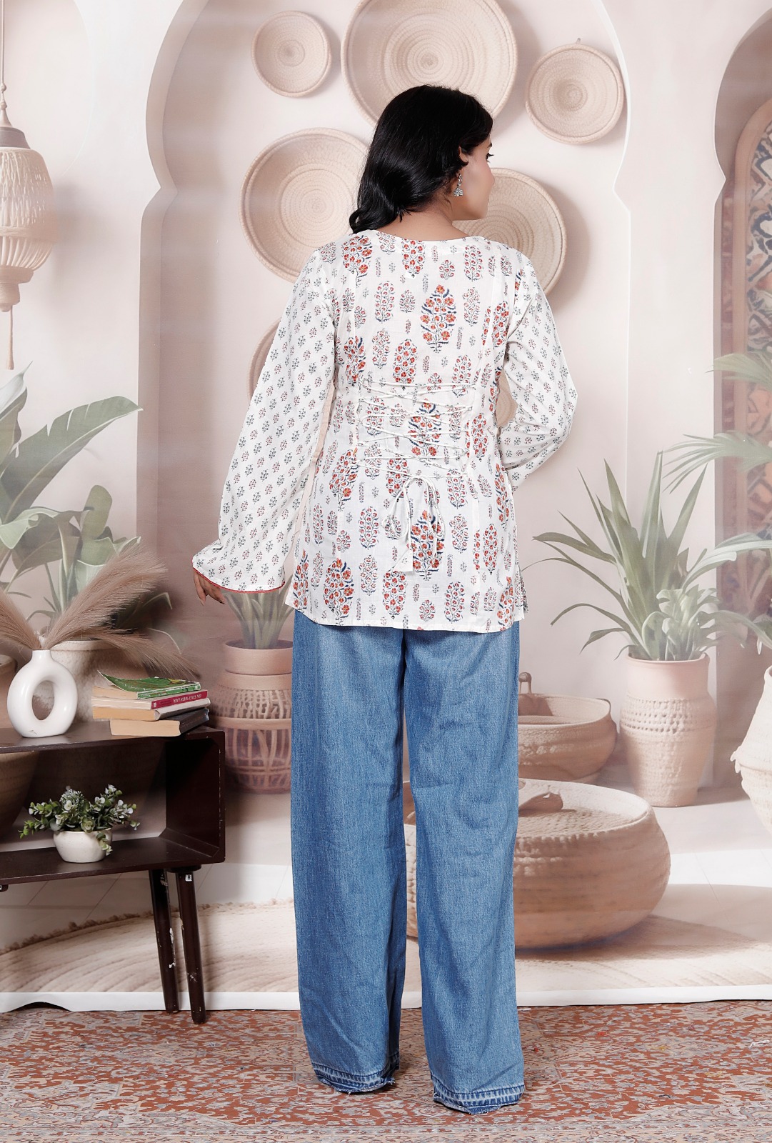Cotton Block Print Dori Top — Red Buti — view 2