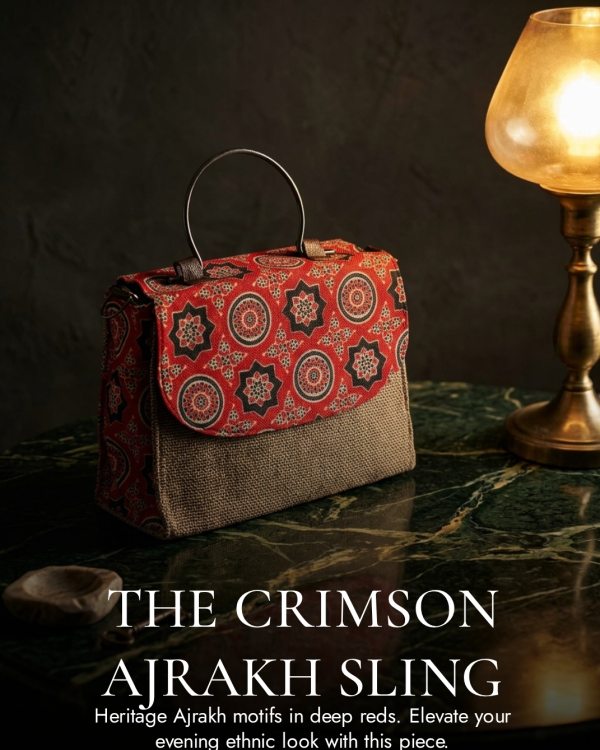 The Crimson Ajrakh Sling — Red & Black Geometric Handloom Bag