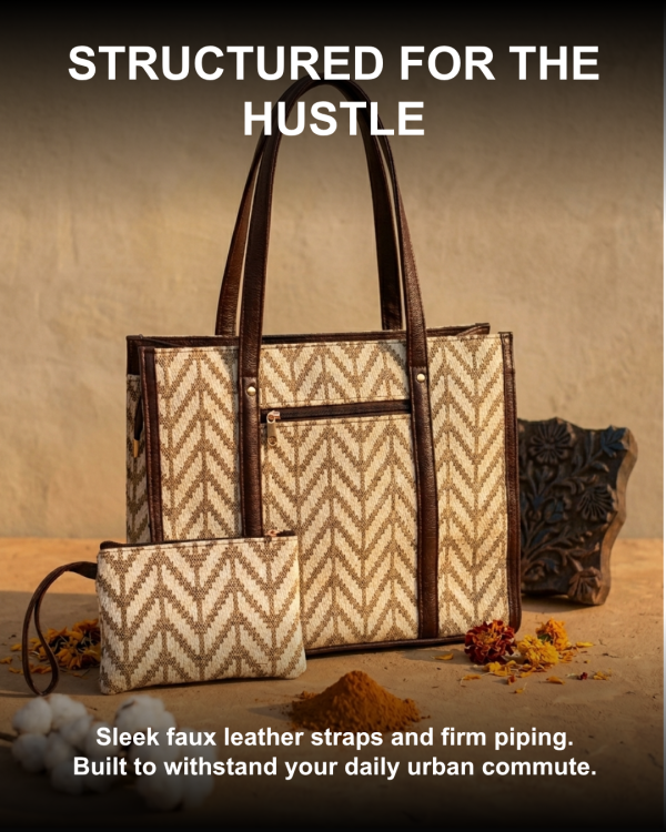 Earth-Weave Herringbone Jacquard Laptop Tote Bag with Matching Pouch (Tan & Beige)