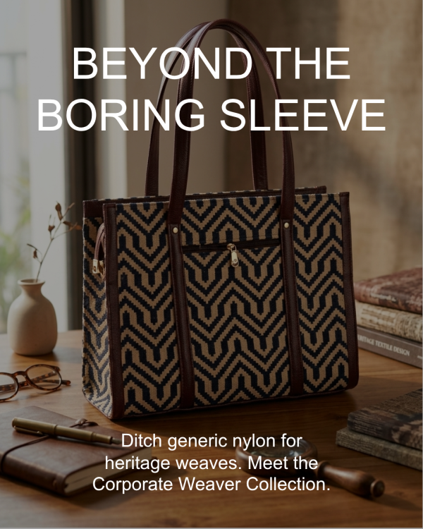 Geometric Maze Woven Jacquard Laptop Tote Bag with Matching Pouch (Midnight Black)