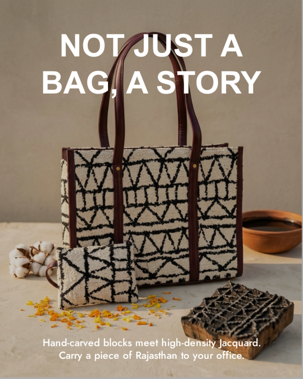 Ikigai Lattice Woven Jacquard Laptop Tote Bag with Matching Pouch (Charcoal Grid)